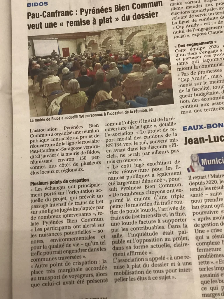 Article-Bidos Réunion publique Pyrénées Bien Commun à Bidos sur la ligne Pau-Canfranc, janvier 2026